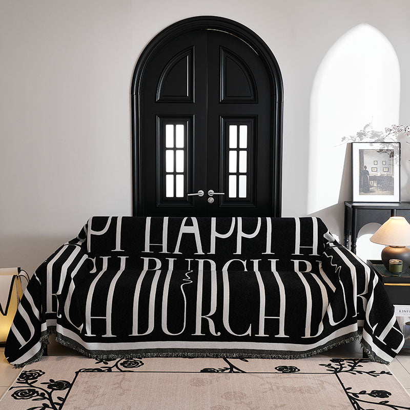 Jeté de Canapé Tissé Lettres Modernes Noir