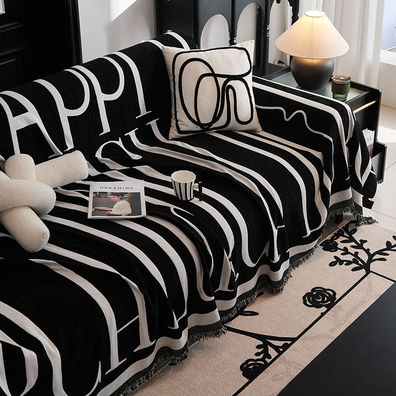 Jeté de Canapé Tissé Lettres Modernes Noir