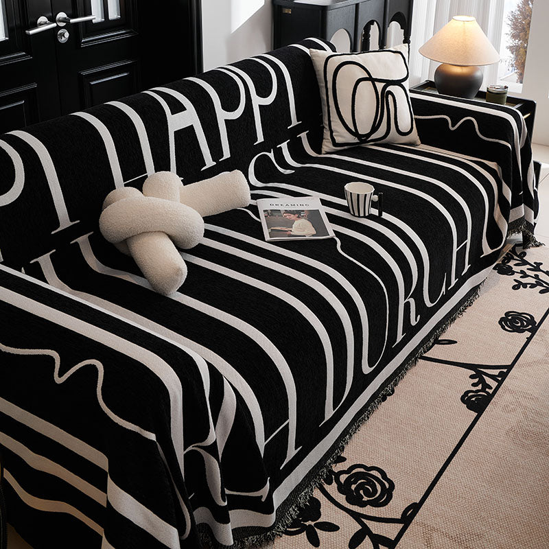 Jeté de Canapé Tissé Lettres Modernes Noir