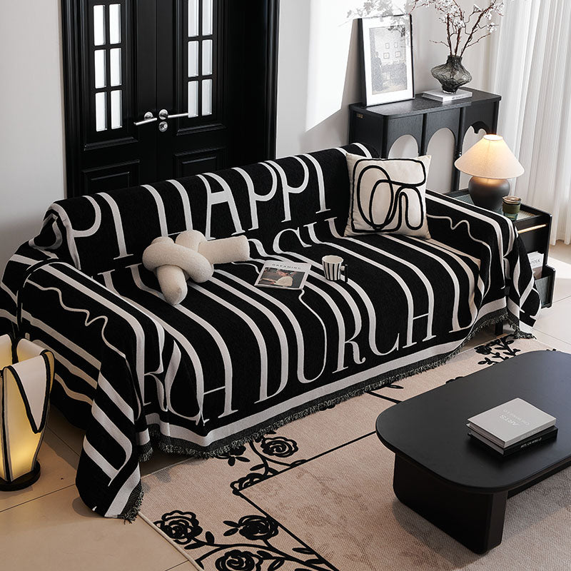 Jeté de Canapé Tissé Lettres Modernes Noir