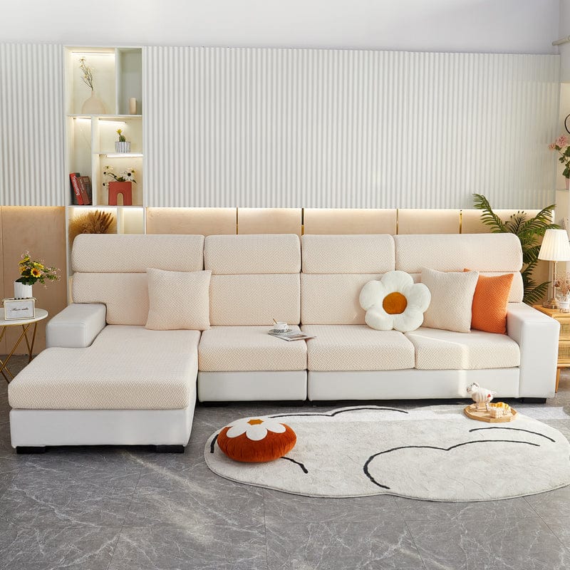 Housse de coussin de canapé polaire, Beige natté, posée sur les coussins d'assise et de dossier d'un canapé