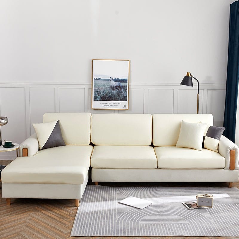Housse de coussin de canapé en simili cuir, Ivoire, posée sur les coussins d'assise et de dossier d'un canapé