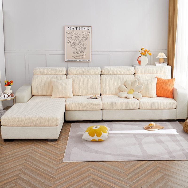 Housse de coussin de canapé polaire, Blanc cassé épis, posée sur les coussins d'assise et de dossier d'un canapé
