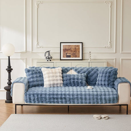 Housse canapé Bleu - Housse de Canapé Antidérapante Luxe en Fausse Fourrure Molletonnée La Maison des Housses