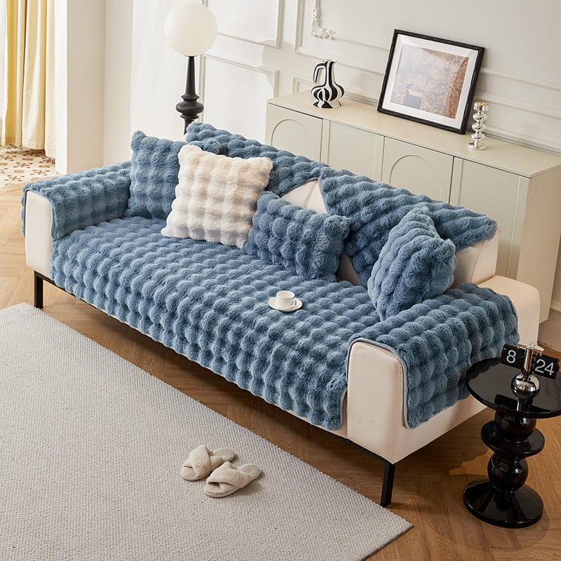 Housse canapé Bleu - Housse de Canapé Antidérapante Luxe en Fausse Fourrure Molletonnée La Maison des Housses