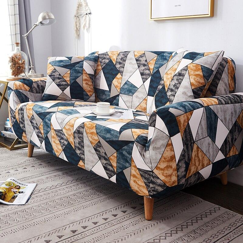 Housse de canapé extensible Géométrique ocre et bleu