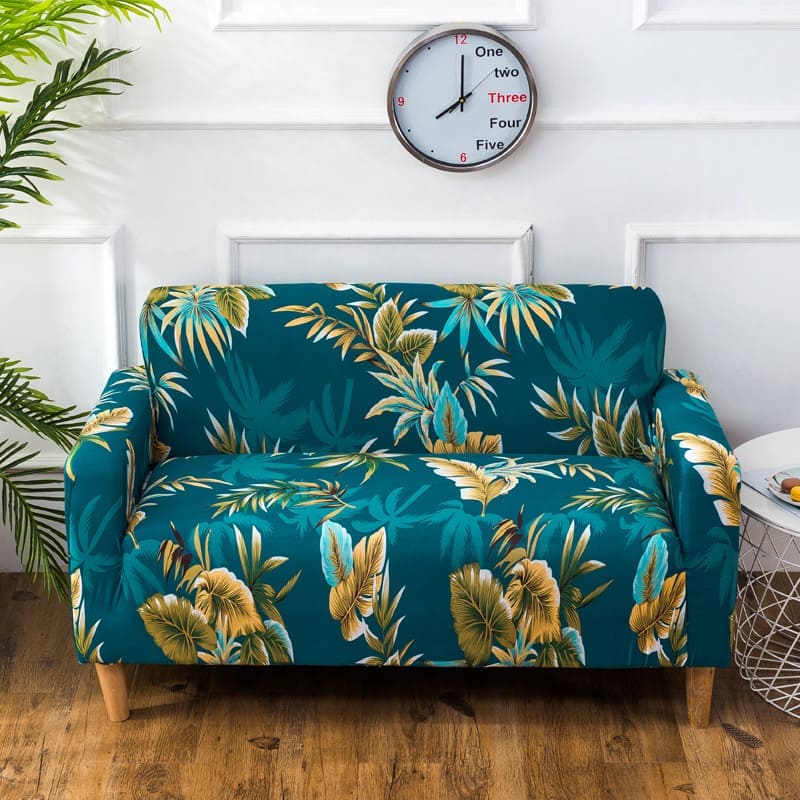 Housse de canapé extensible Bleu canard feuillage doré