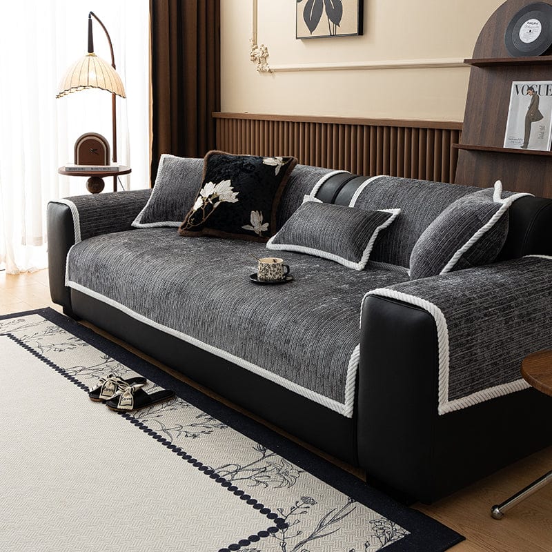 Housse canapé Gris foncé - Housse de Canapé Antidérapante en Tissu Chenille Côtelé La Maison des Housses