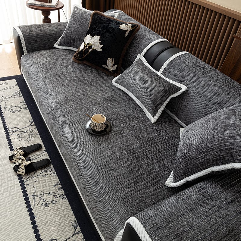 Housse canapé Gris foncé - Housse de Canapé Antidérapante en Tissu Chenille Côtelé La Maison des Housses