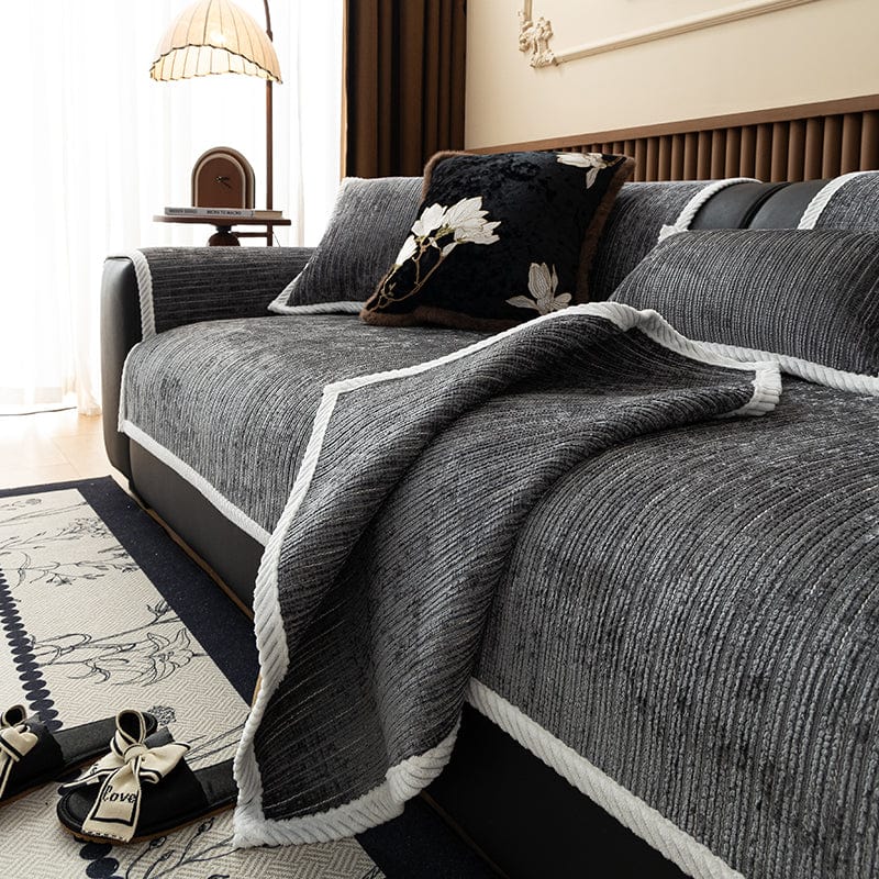 Housse canapé Gris foncé - Housse de Canapé Antidérapante en Tissu Chenille Côtelé La Maison des Housses
