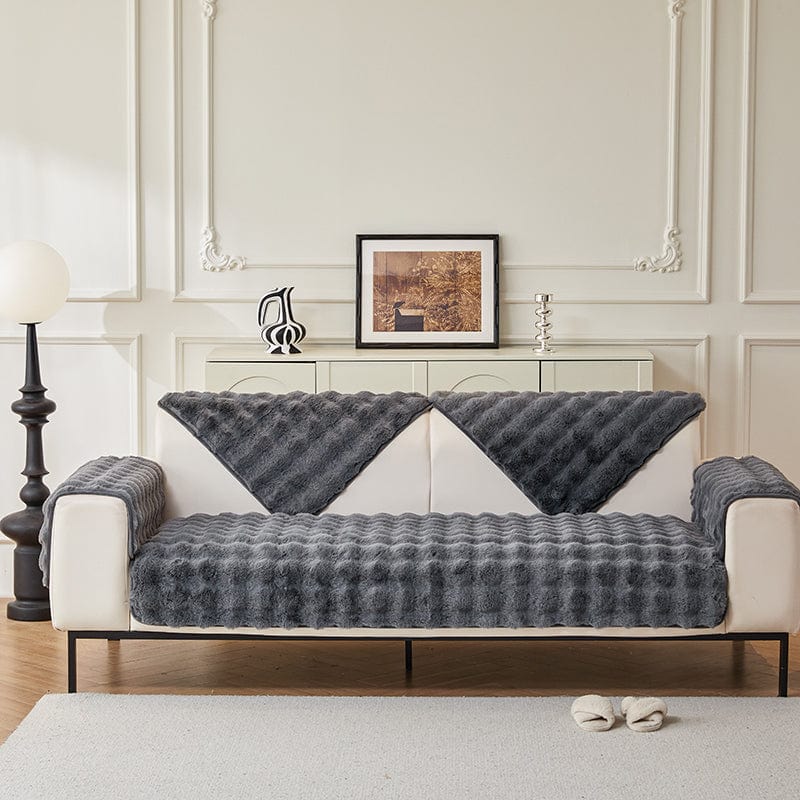 Housse canapé Gris - Housse de Canapé Antidérapante Luxe en Fausse Fourrure Molletonnée La Maison des Housses