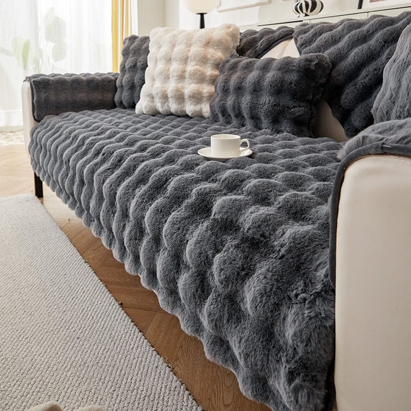 Housse canapé Gris - Housse de Canapé Antidérapante Luxe en Fausse Fourrure Molletonnée La Maison des Housses