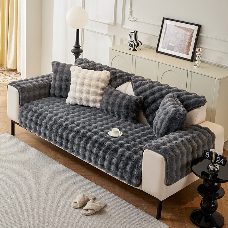 Housse canapé Gris - Housse de Canapé Antidérapante Luxe en Fausse Fourrure Molletonnée La Maison des Housses