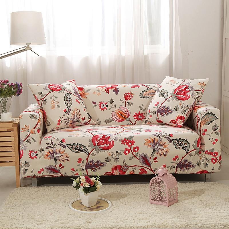 Housse de canapé extensible Écru fleuri rouge