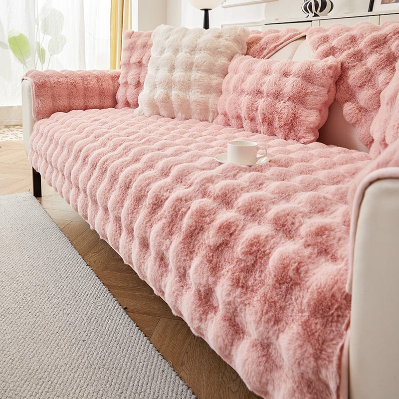 Housse canapé Rose - Housse de Canapé Antidérapante Luxe en Fausse Fourrure Molletonnée La Maison des Housses