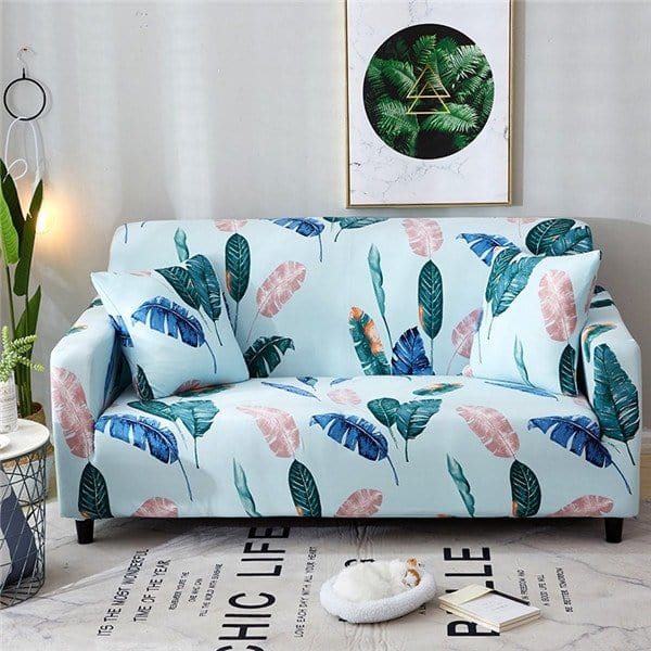 Housse de canapé extensible Bleu ciel feuilles