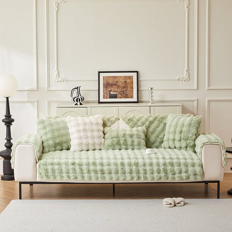 Housse canapé Vert Menthe clair - Housse de Canapé Antidérapante Luxe en Fausse Fourrure Molletonnée La Maison des Housses