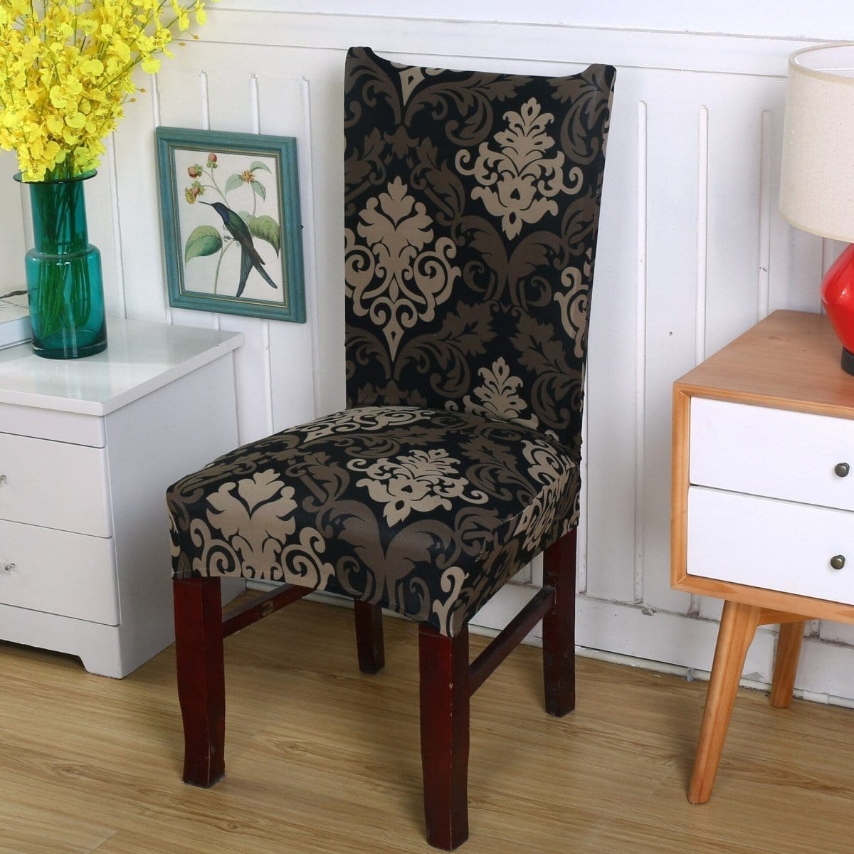 Housse de chaise extensible Noir damas doré