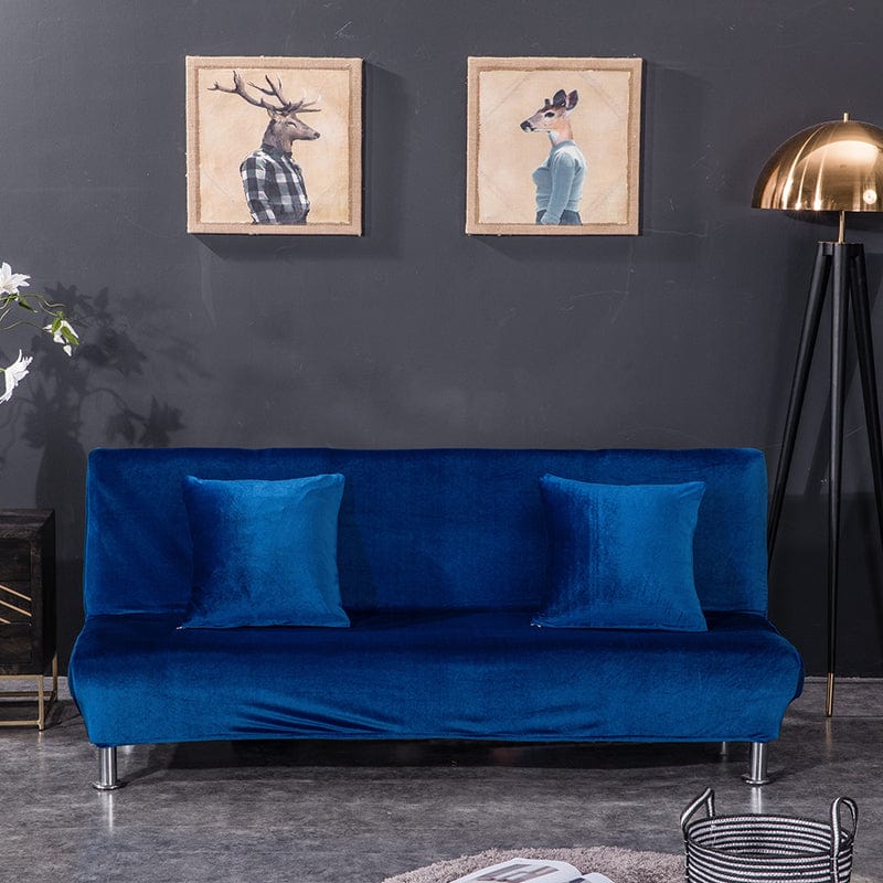Housse de clic-clac en velours, Bleu, posée sur un clic-clac