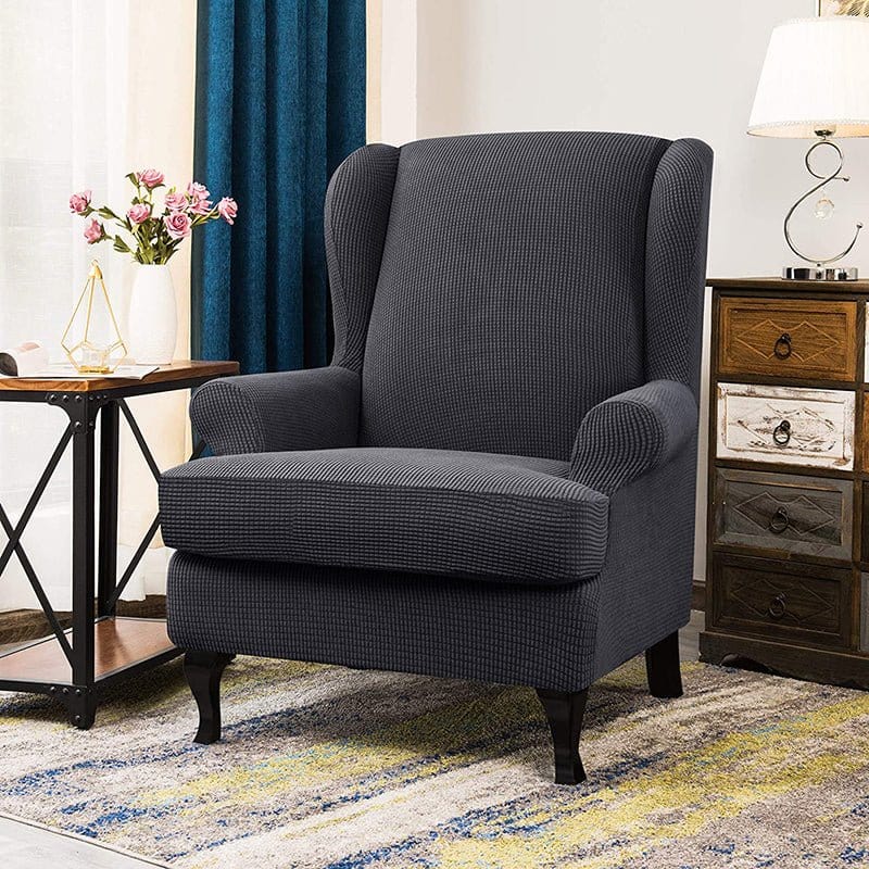 Housse de fauteuil à oreilles déperlante, Gris, posée sur un fauteuil à oreilles