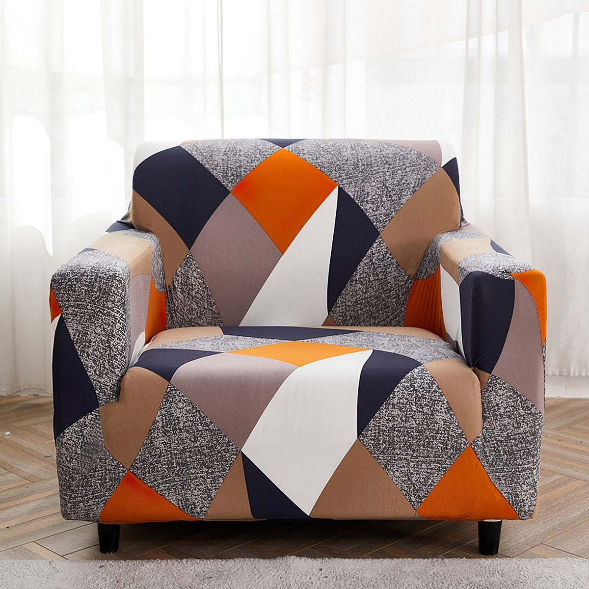 Housse de fauteuil extensible Patchwork orange et marine