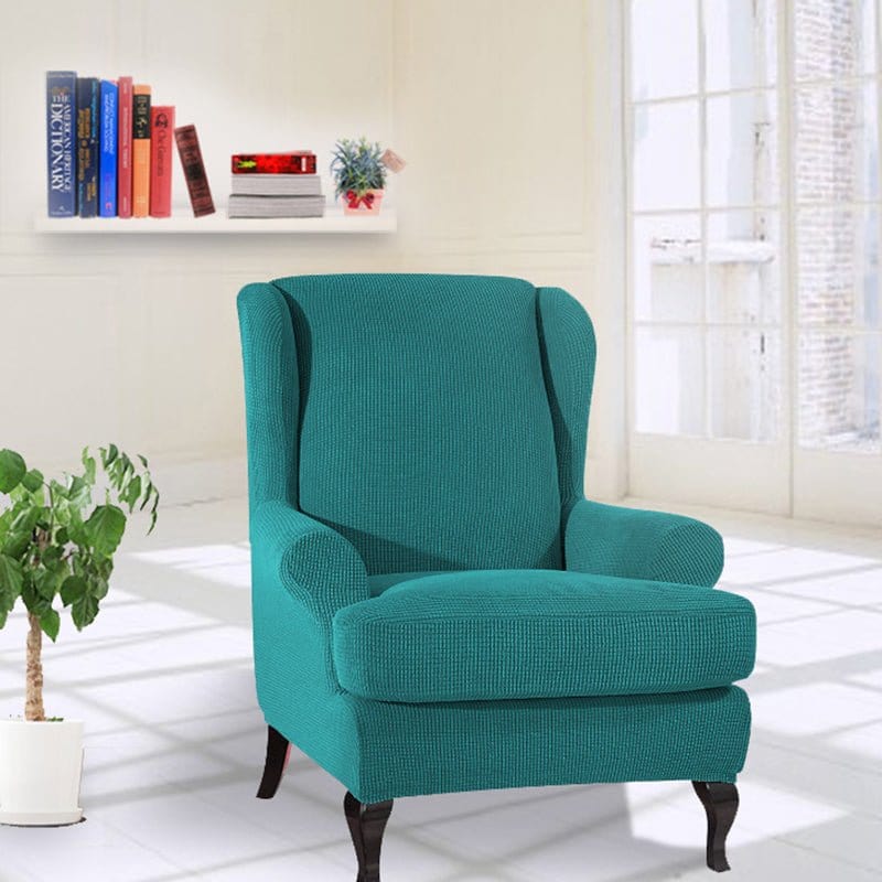 Housse de fauteuil à oreilles déperlante, Turquoise, posée sur un fauteuil à oreilles