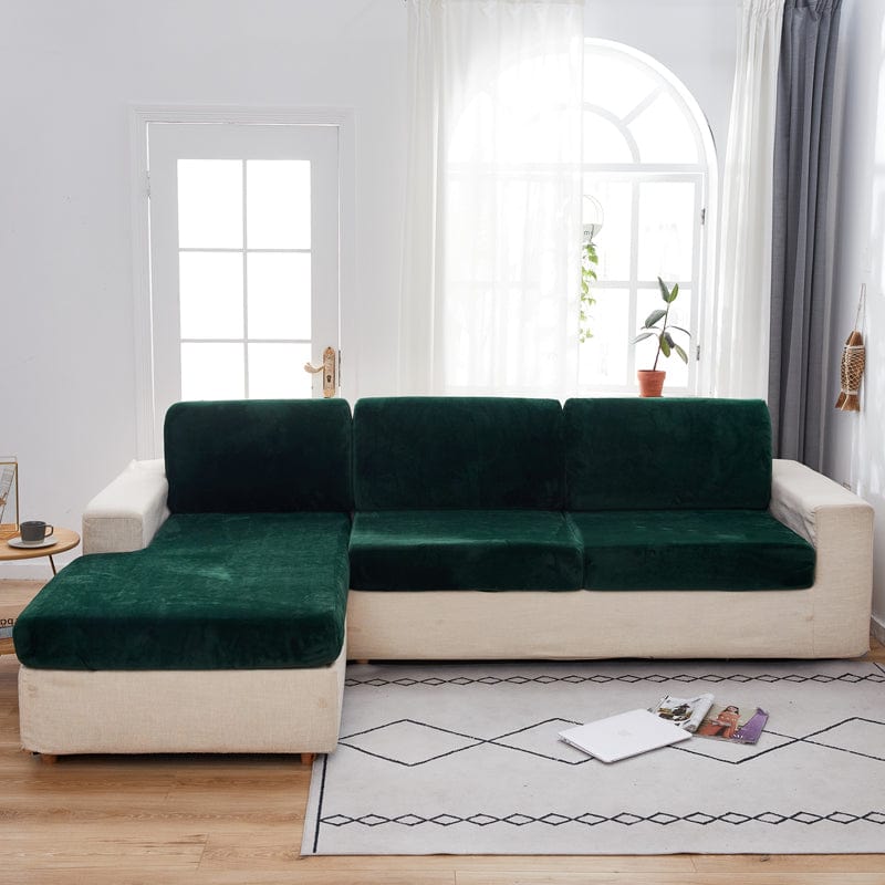 Housse de coussin de canapé en velours, Vert bouteille, posée sur les coussins d'assise et de dossier d'un canapé