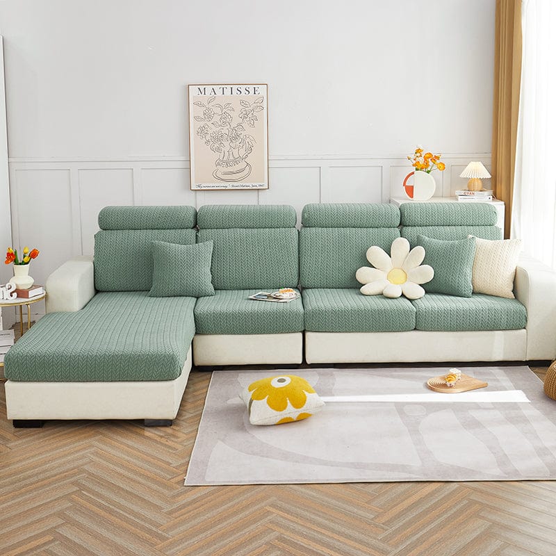 Housse de coussin de canapé polaire, Vert épis, posée sur les coussins d'assise et de dossier d'un canapé