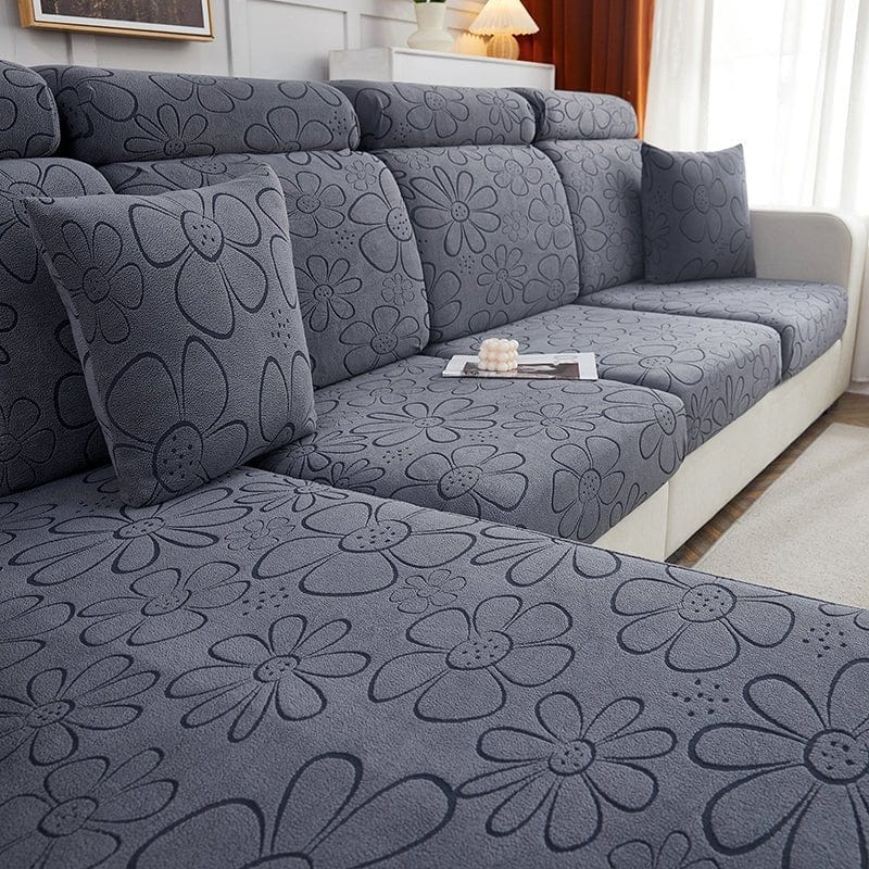 Gris - Housse polaire pour Coussin d'assise et dossier de Canapé - Motif Flower La Maison des Housses