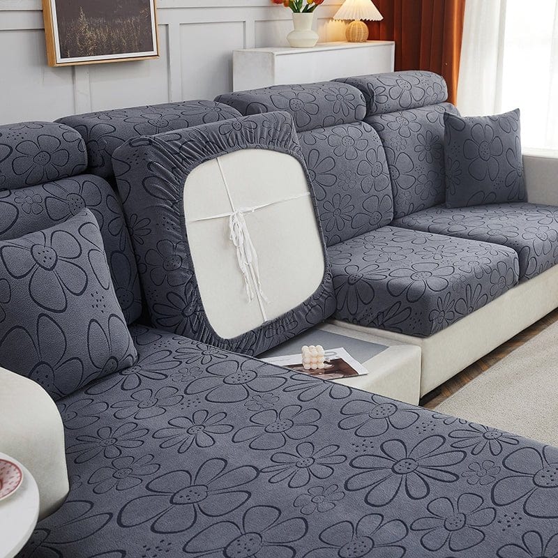 Gris - Housse polaire pour Coussin d'assise et dossier de Canapé - Motif Flower La Maison des Housses