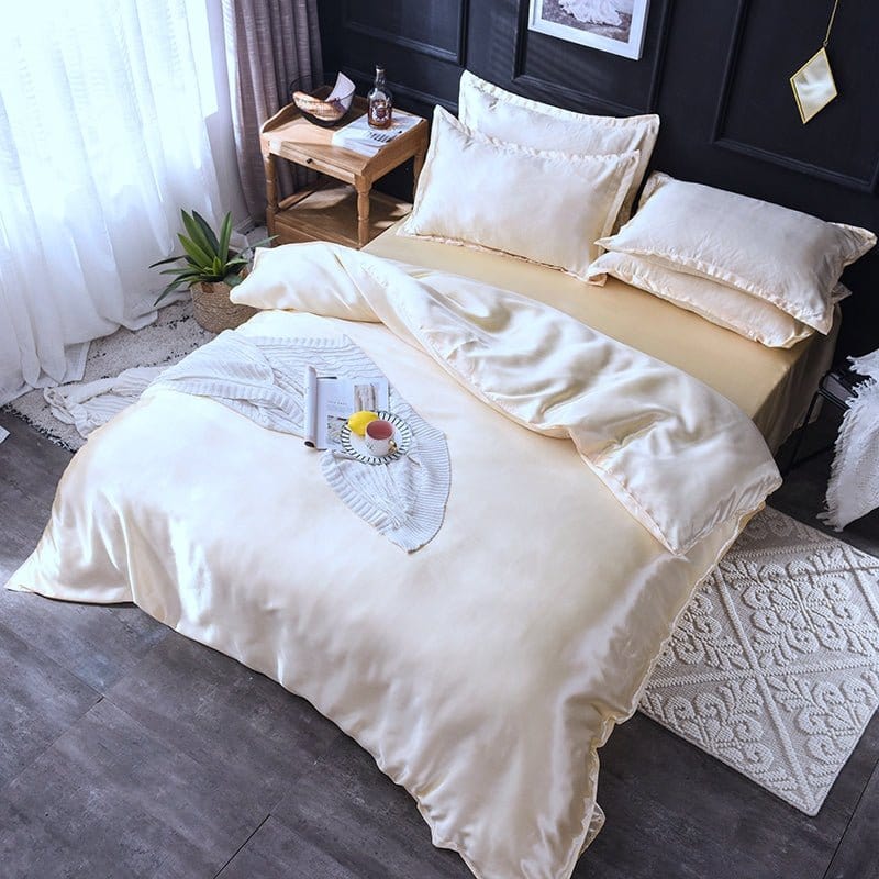 Parure de lit Beige clair type satin - Drap housse / Housse de couette / 2 taies d'oreiller La Maison des Housses