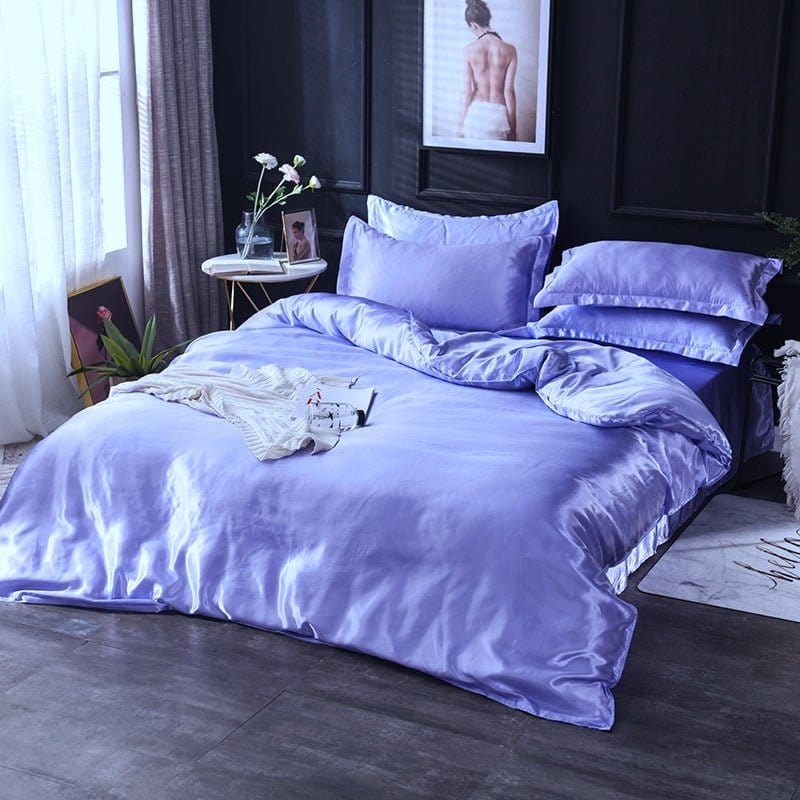 Parure de lit Bleu lavande type satin - Drap housse / Housse de couette / 2 taies d'oreiller La Maison des Housses