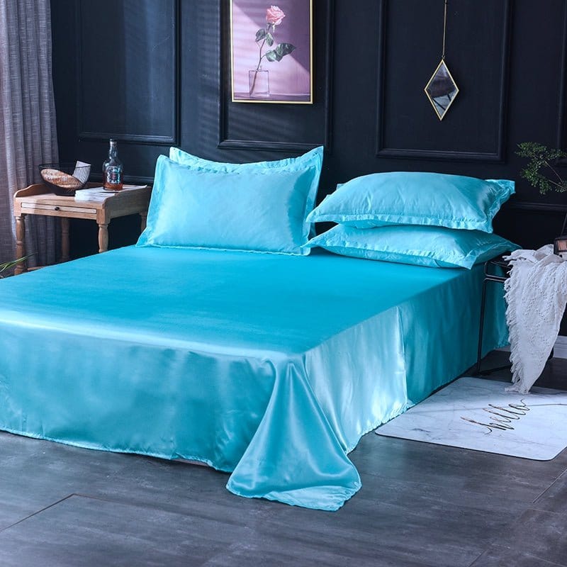 Parure de lit Bleu turquoise type satin - Drap housse / Housse de couette / 2 taies d'oreiller La Maison des Housses