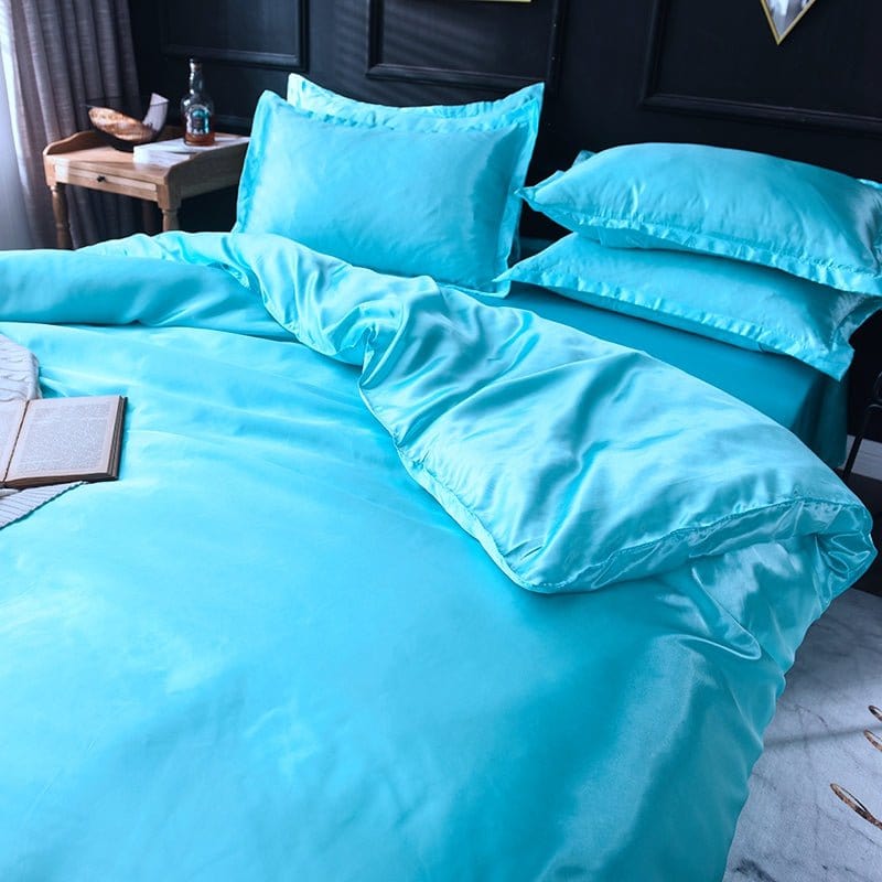 Parure de lit Bleu turquoise type satin - Drap housse / Housse de couette / 2 taies d'oreiller La Maison des Housses