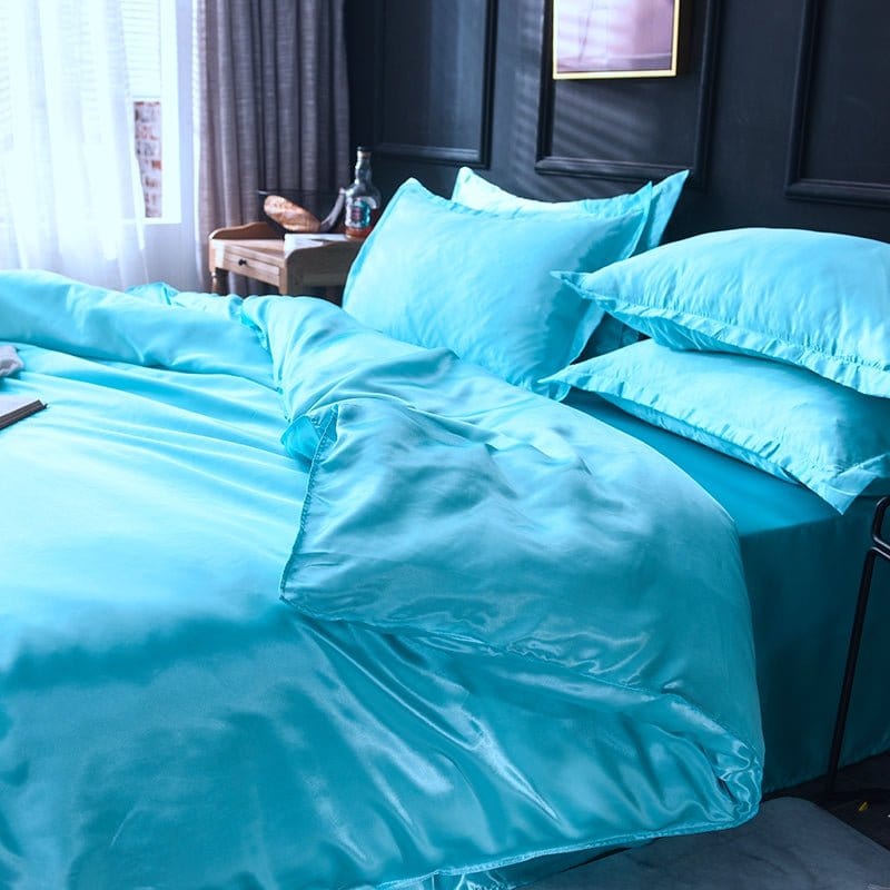 Parure de lit Bleu turquoise type satin - Drap housse / Housse de couette / 2 taies d'oreiller La Maison des Housses