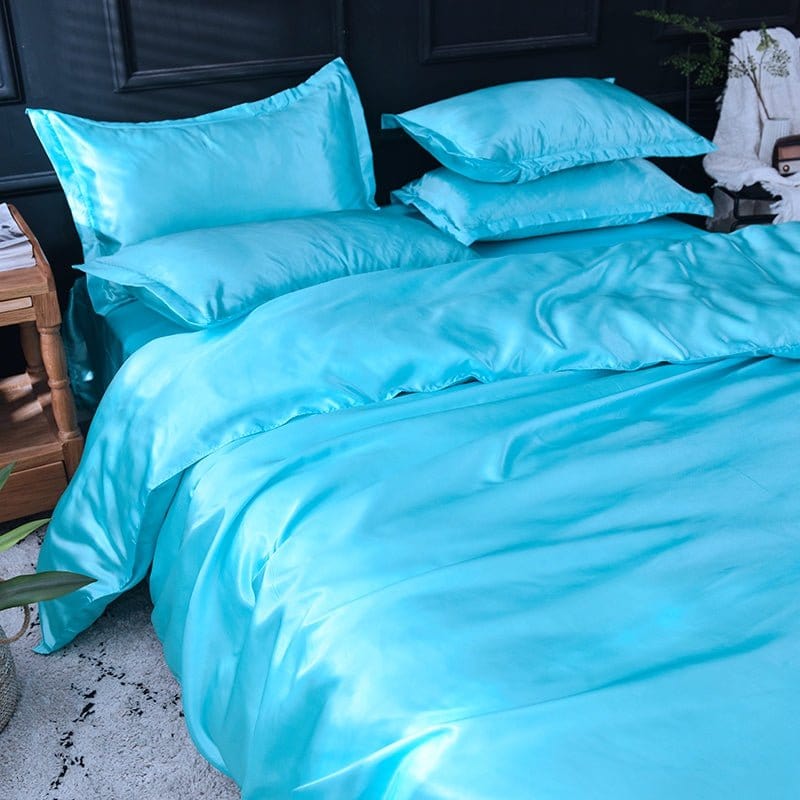 Parure de lit Bleu turquoise type satin - Drap housse / Housse de couette / 2 taies d'oreiller La Maison des Housses