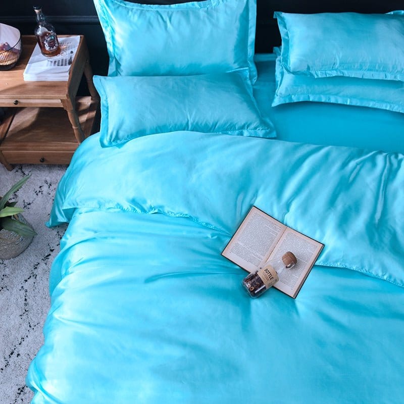 Parure de lit Bleu turquoise type satin - Drap housse / Housse de couette / 2 taies d'oreiller La Maison des Housses