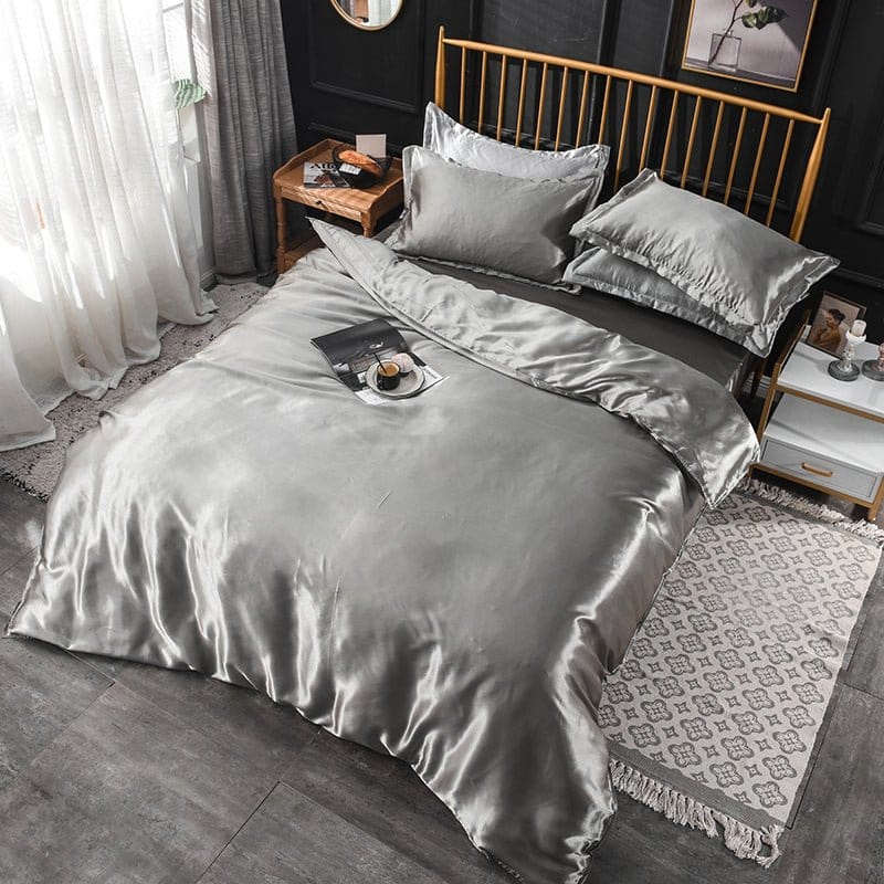 Parure de lit Gris type satin - Drap housse / Housse de couette / 2 taies d'oreiller La Maison des Housses