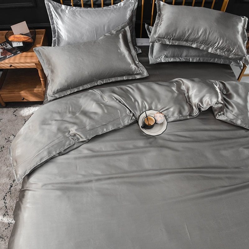 Parure de lit Gris type satin - Drap housse / Housse de couette / 2 taies d'oreiller La Maison des Housses