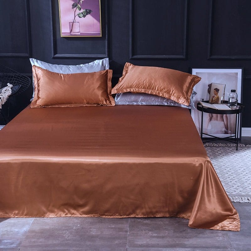 Parure de lit Marron type satin - Drap housse / Housse de couette / 2 taies d'oreiller La Maison des Housses