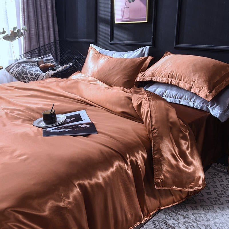 Parure de lit Marron type satin - Drap housse / Housse de couette / 2 taies d'oreiller La Maison des Housses