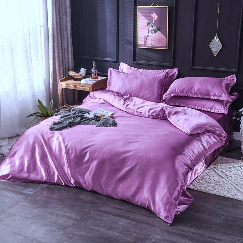 Parure de lit Mauve type satin - Drap housse / Housse de couette / 2 taies d'oreiller La Maison des Housses