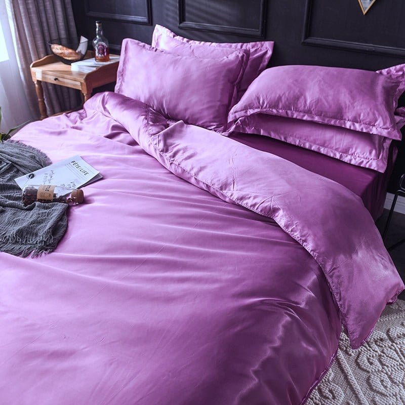 Parure de lit Mauve type satin - Drap housse / Housse de couette / 2 taies d'oreiller La Maison des Housses