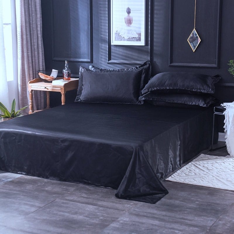 Parure de lit Noir type satin - Drap housse / Housse de couette / 2 taies d'oreiller La Maison des Housses