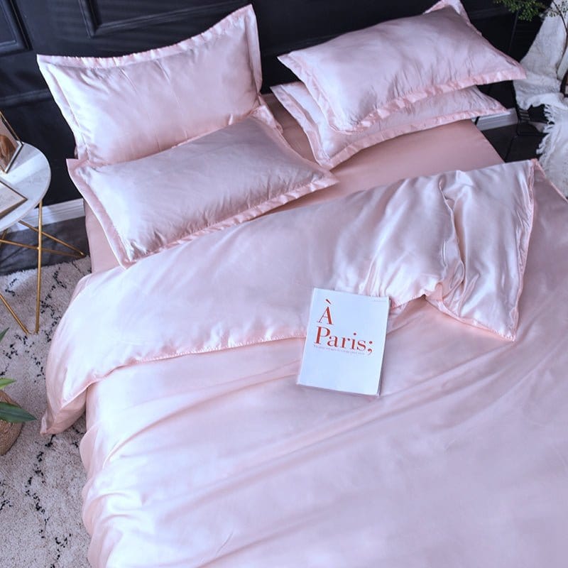 Parure de lit Rose clair type satin - Drap housse / Housse de couette / 2 taies d'oreiller La Maison des Housses