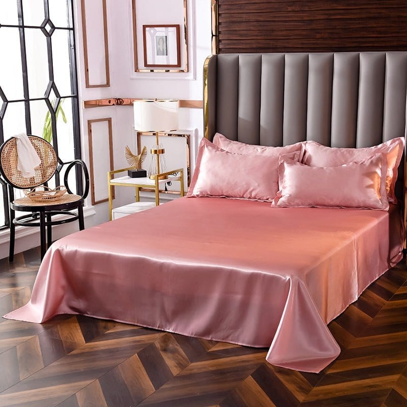 Parure de lit Rose pêche type satin - Drap housse / Housse de couette / 2 taies d'oreiller La Maison des Housses