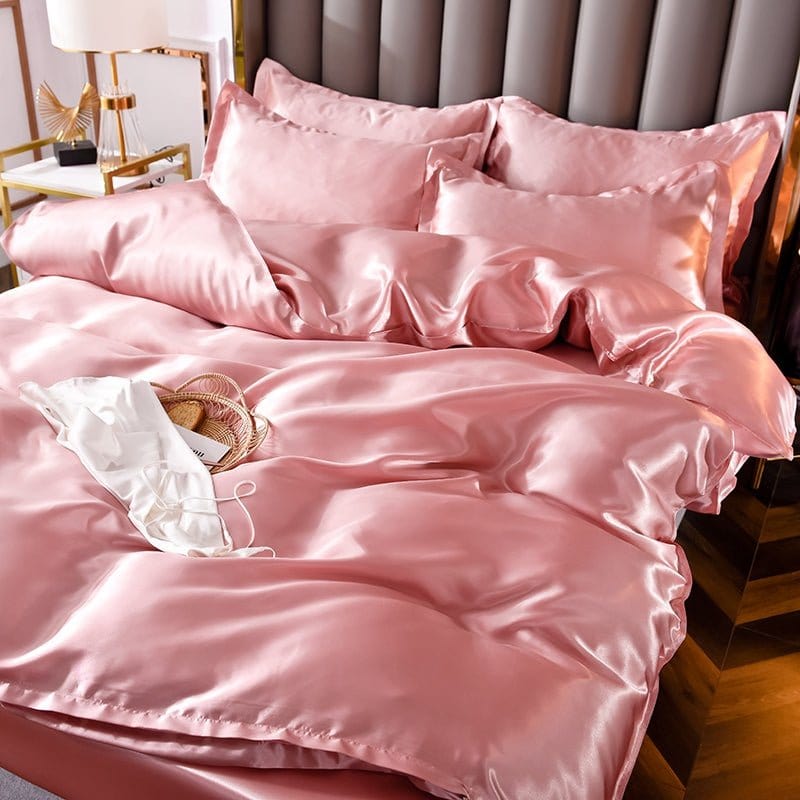 Parure de lit Rose pêche type satin - Drap housse / Housse de couette / 2 taies d'oreiller La Maison des Housses