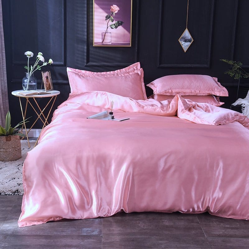 Parure de lit Rose type satin - Drap housse / Housse de couette / 2 taies d'oreiller La Maison des Housses