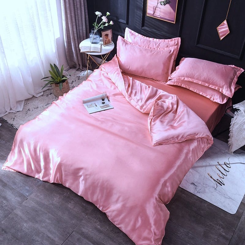 Parure de lit Rose type satin - Drap housse / Housse de couette / 2 taies d'oreiller La Maison des Housses