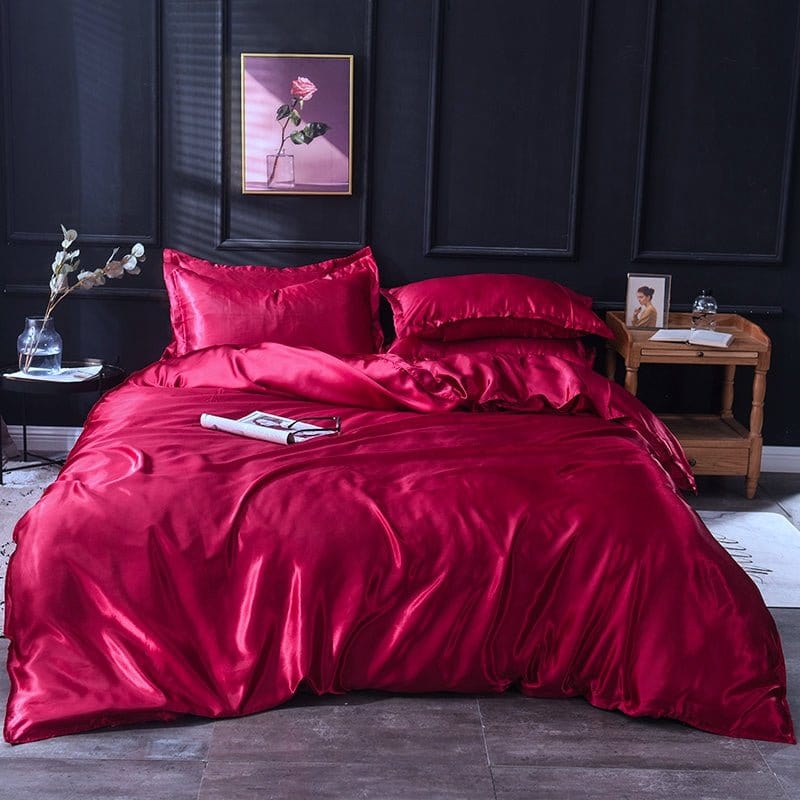 Parure de lit Rouge type satin - Drap housse / Housse de couette / 2 taies d'oreiller La Maison des Housses